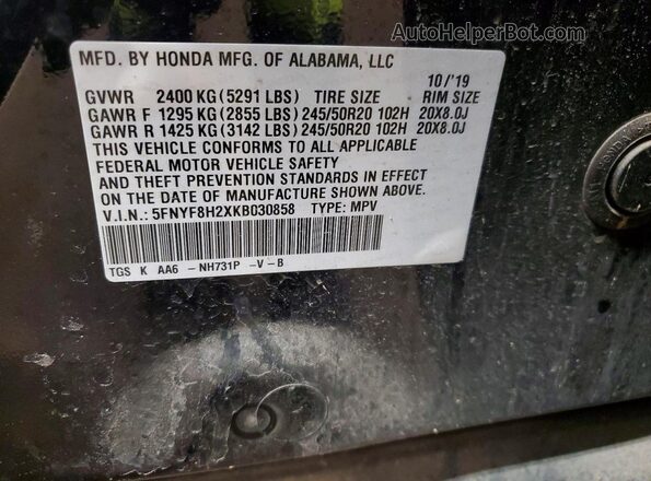 5FNYF8H2XKB030858 2019 HONDA PASSPORT Черный Вид наклейки с VIN-кодом