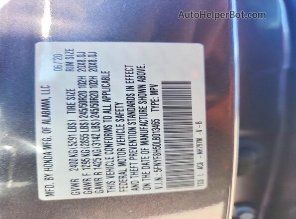 5FNYF8H50LB013465 2020 HONDA PASSPORT Gray VIN sticker view