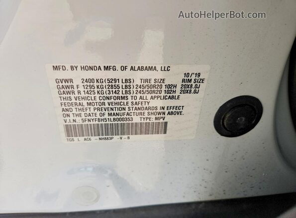 5FNYF8H51LB000353 2020 HONDA PASSPORT White Vista del compartimento del motor