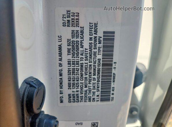 5FNYF8H52MB019348 2021 HONDA PASSPORT White VIN კოდის სტიკერის ხედი