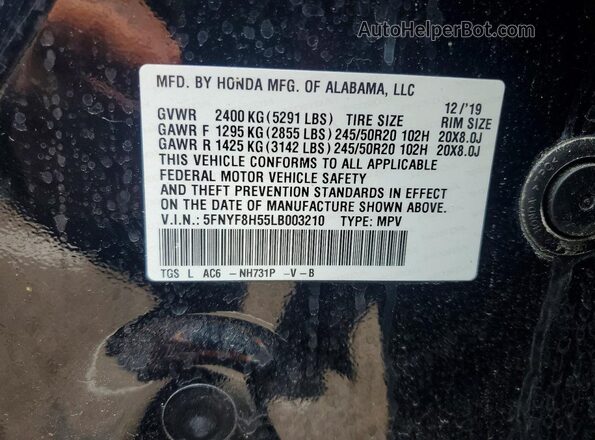 5FNYF8H55LB003210 2020 HONDA PASSPORT Black Вид наклейки з VIN-кодом