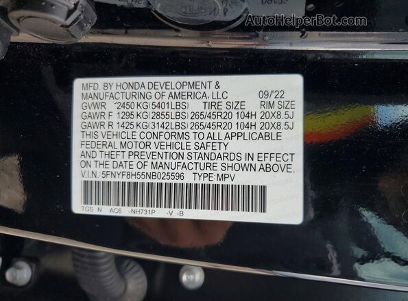 5FNYF8H55NB025596 2022 HONDA PASSPORT Black Widok naklejki z numerem VIN