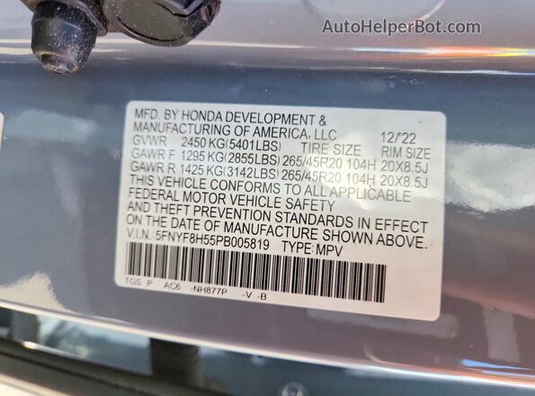 5FNYF8H55PB005819 2023 HONDA PASSPORT Gray Вид наклейки з VIN-кодом