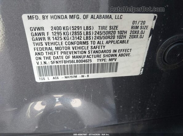 5FNYF8H56LB004625 2020 HONDA PASSPORT Gray Vista del compartimento del motor