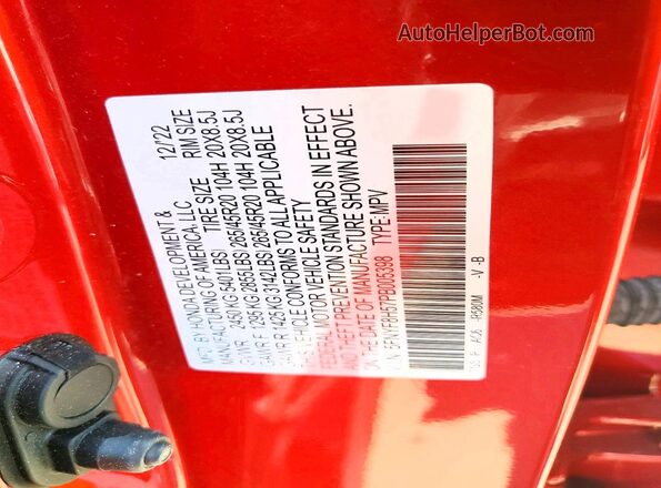 5FNYF8H57PB005398 2023 HONDA PASSPORT Burgundy Vista de la etiqueta del VIN