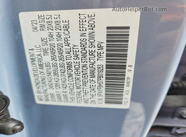 5FNYF8H57PB019253 2023 HONDA PASSPORT Blue VIN կոդի պիտակի տեսք