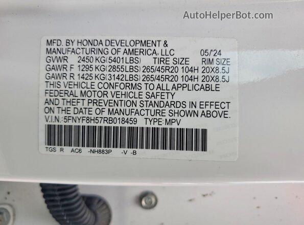 5FNYF8H57RB018459 2024 HONDA PASSPORT White VIN sticker view