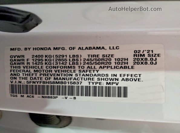 5FNYF8H58MB015837 2021 HONDA PASSPORT White Vista de la etiqueta del VIN