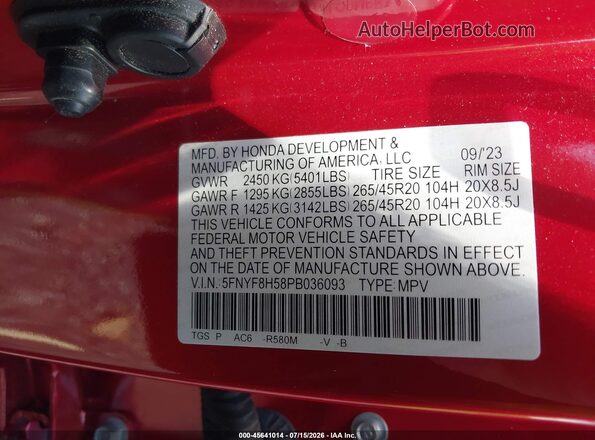 5FNYF8H58PB036093 2023 HONDA PASSPORT Красный Вид подкапотного пространства