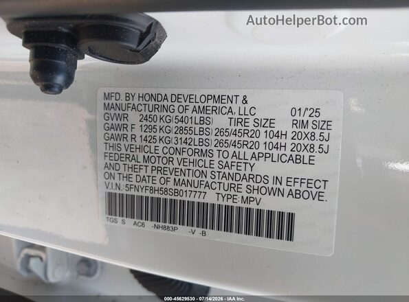5FNYF8H58SB017777 2025 HONDA PASSPORT White Вид підкапотного простору