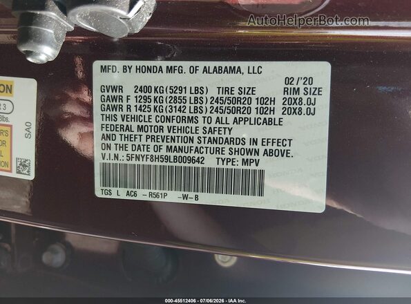5FNYF8H59LB009642 2020 HONDA PASSPORT Red Շարժիչի բաժամունքի տեսք