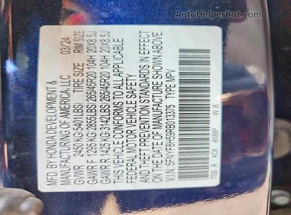 5FNYF8H59RB013375 2024 HONDA PASSPORT Blue Vista de la etiqueta del VIN