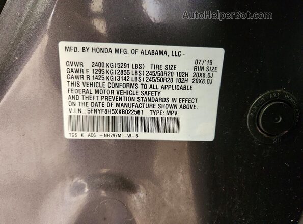 5FNYF8H5XKB022561 2019 HONDA PASSPORT Gray VIN sticker view