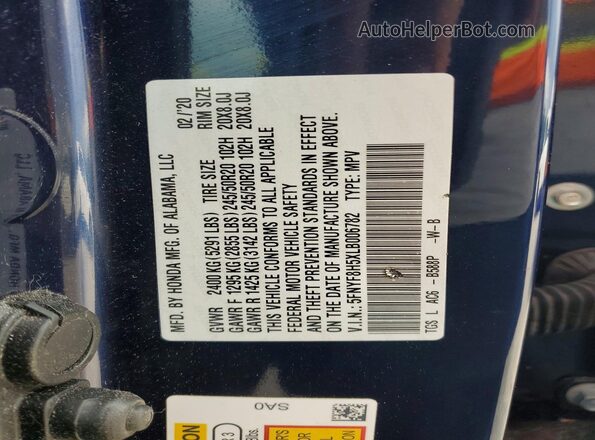 5FNYF8H5XLB006782 2020 HONDA PASSPORT Blue Панорамний вид салону 360°