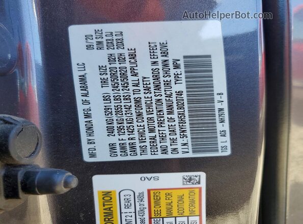 5FNYF8H5XLB020746 2020 HONDA PASSPORT Угольный Вид наклейки с VIN-кодом