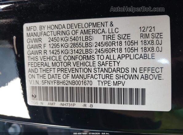 5FNYF8H62NB001670 2022 HONDA PASSPORT Черный Вид подкапотного пространства