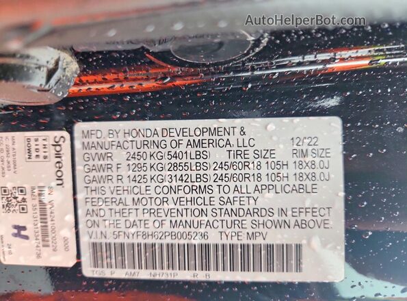 5FNYF8H62PB005236 2023 HONDA PASSPORT Black Vista de la etiqueta del VIN
