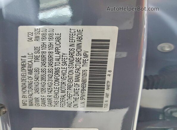 5FNYF8H65NB010976 2022 HONDA PASSPORT Gray VIN კოდის სტიკერის ხედი