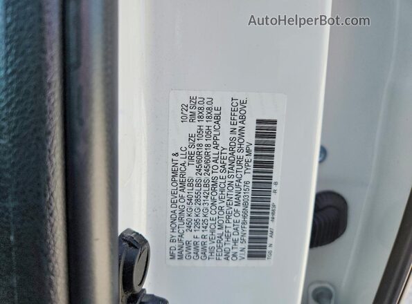 5FNYF8H66NB031576 2022 HONDA PASSPORT White 360 interior view