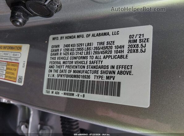 5FNYF8H90MB016936 2021 HONDA PASSPORT Silver Vista del compartimento del motor