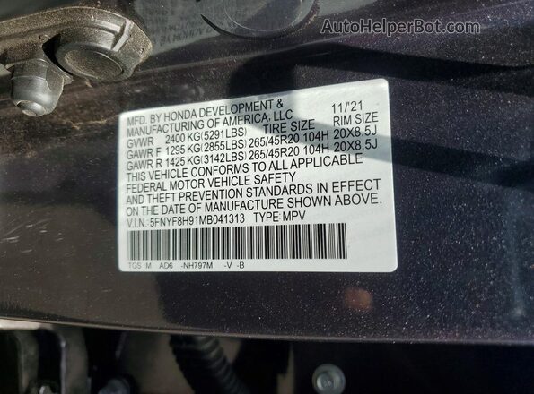 5FNYF8H91MB041313 2021 HONDA PASSPORT Gray Widok naklejki z numerem VIN