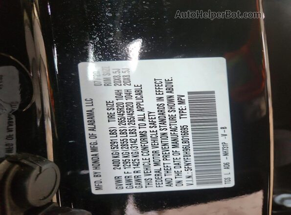 5FNYF8H96LB016695 2020 HONDA PASSPORT Black Widok naklejki z numerem VIN