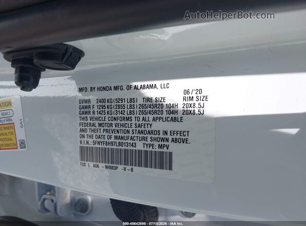 5FNYF8H97LB013143 2020 HONDA PASSPORT White ძრავის განყოფილების ხედი