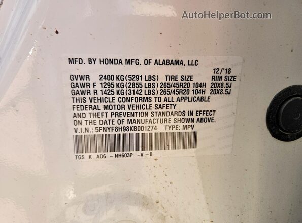 5FNYF8H98KB001274 2019 HONDA PASSPORT White Панорамний вид салону 360°