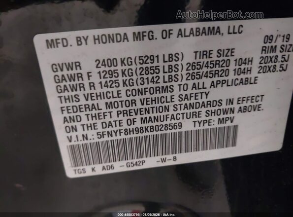 5FNYF8H98KB028569 2019 HONDA PASSPORT Green ძრავის განყოფილების ხედი