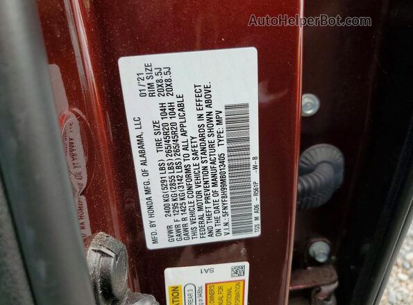 5FNYF8H99MB013405 2021 HONDA PASSPORT Maroon Vista de la etiqueta del VIN