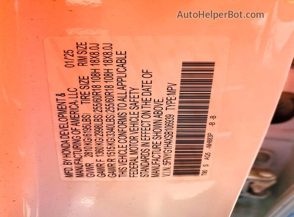 5FNYG1H4XSB106939 2025 HONDA PILOT White Widok naklejki z numerem VIN