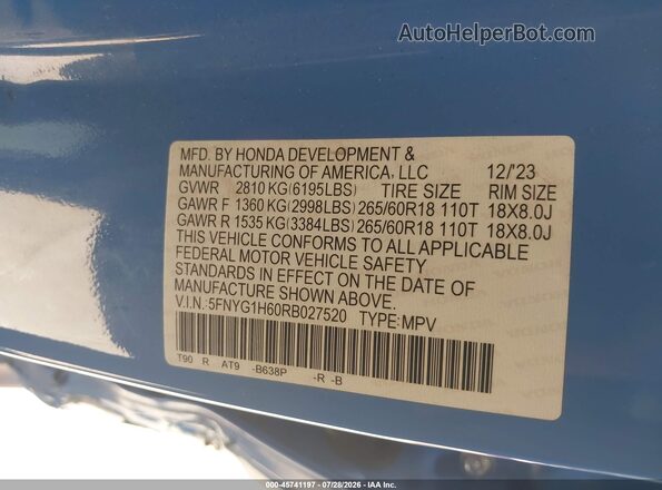 5FNYG1H60RB027520 2024 HONDA PILOT Blue Շարժիչի բաժամունքի տեսք