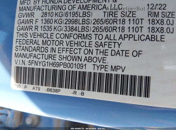 5FNYG1H69PB001091 2023 HONDA PILOT Blue Vista del compartimento del motor