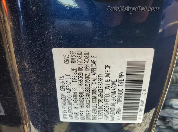 5FNYG1H71PB038385 2023 HONDA PILOT Blue VIN კოდის სტიკერის ხედი