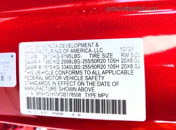 5FNYG1H7XSB178508 2025 HONDA PILOT Red Widok wnętrza 360 stopni