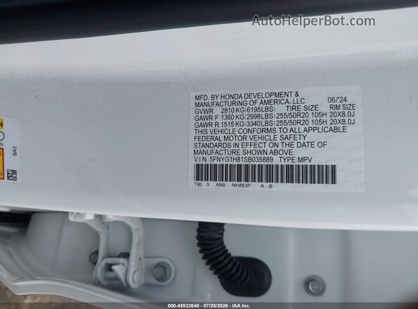 5FNYG1H81SB035889 2025 HONDA PILOT White Вид підкапотного простору