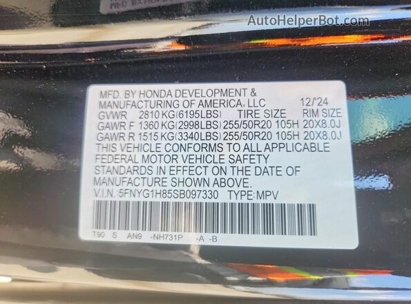 5FNYG1H85SB097330 2025 HONDA PILOT Black Vista de la etiqueta del VIN