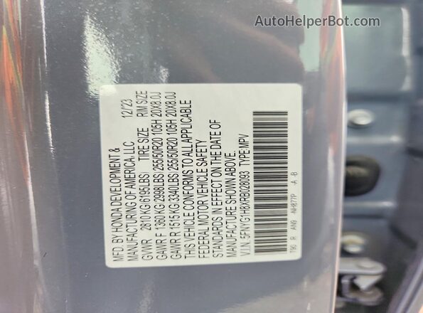 5FNYG1H8XRB028093 2024 HONDA PILOT Blue Widok naklejki z numerem VIN
