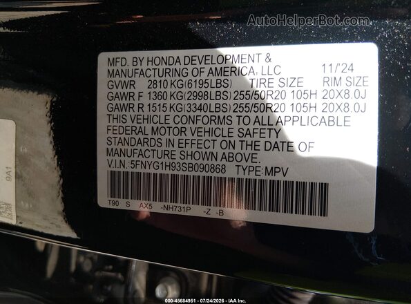 5FNYG1H93SB090868 2025 HONDA PILOT Black Vista del compartimento del motor