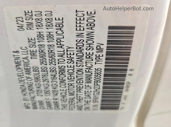 5FNYG2H23PB005835 2023 HONDA PILOT White Вид наклейки з VIN-кодом
