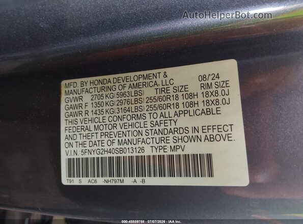 5FNYG2H40SB013126 2025 HONDA PILOT Gray Շարժիչի բաժամունքի տեսք