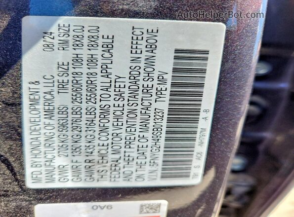 5FNYG2H49SB013237 2025 HONDA PILOT Gray Панорамний вид салону 360°