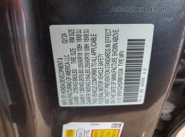 5FNYG2H52RB015334 2024 HONDA PILOT Gray VIN կոդի պիտակի տեսք