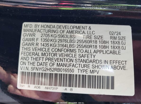 5FNYG2H52RB016550 2024 HONDA PILOT Black Շարժիչի բաժամունքի տեսք