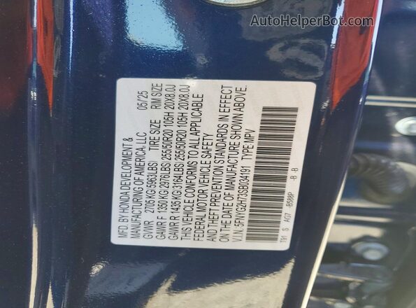 5FNYG2H73SB034191 2025 HONDA PILOT Blue VIN კოდის სტიკერის ხედი