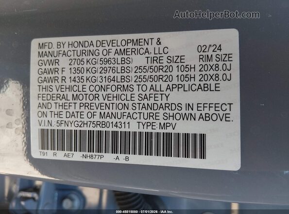 5FNYG2H75RB014311 2024 HONDA PILOT Blue Widok komory silnika