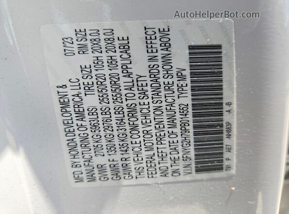 5FNYG2H79PB014552 2023 HONDA PILOT White Vista de la etiqueta del VIN