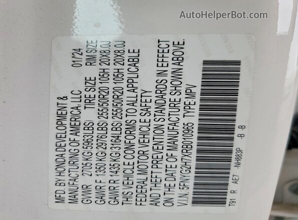 5FNYG2H7XRB010965 2024 HONDA PILOT White Engine compartment view