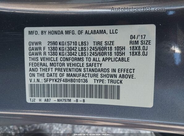 5FPYK2F48HB010136 2017 HONDA RIDGELINE Gray Շարժիչի բաժամունքի տեսք