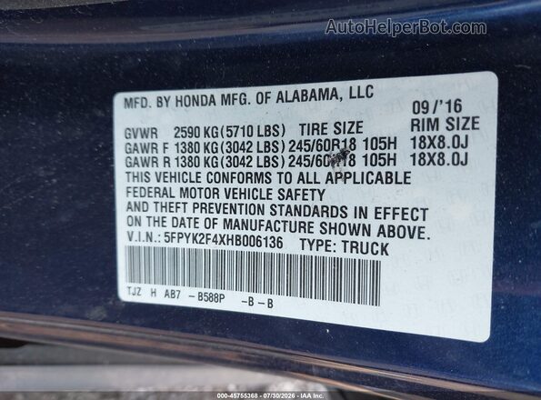 5FPYK2F4XHB006136 2017 HONDA RIDGELINE Blue Vista del compartimento del motor
